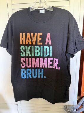 Port and Company Black  Graphic Tee with Orange, Green, Pink & Blue Text